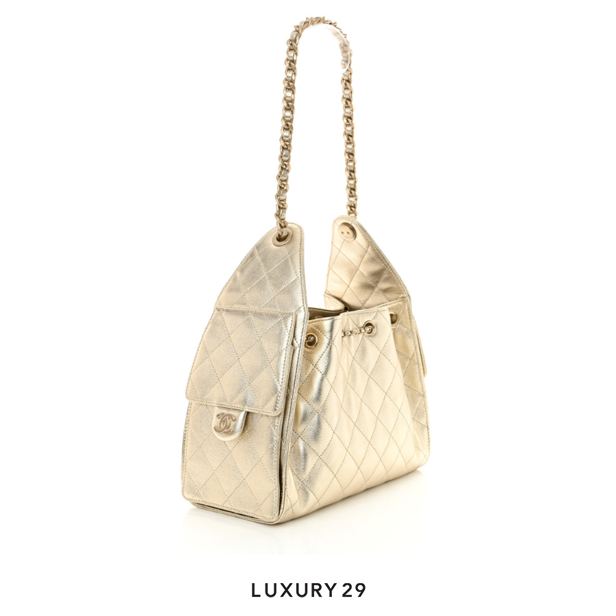Chanel 25 Small Hand Bag Metallic Gold Caviar Light Gold Hardware CHANEL