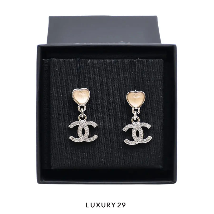 Chanel Crystal Heart Dangle CC Earrings