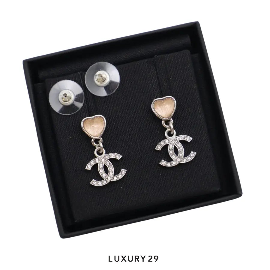 Chanel Crystal Heart Dangle CC Earrings