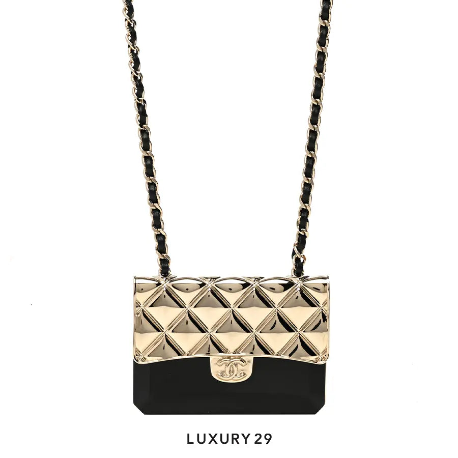 Chanel Metal Resin Lambskin Flap Bag Long Necklace Gold Black CHANEL Luxury29