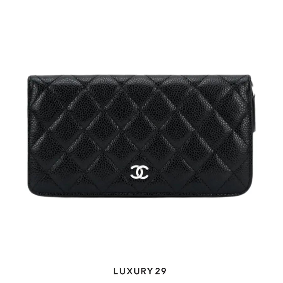 Chanel Zip-Around Long Wallet in black caviar leather with quilted design and Silver-tone CC logo CHANEL Luxury29