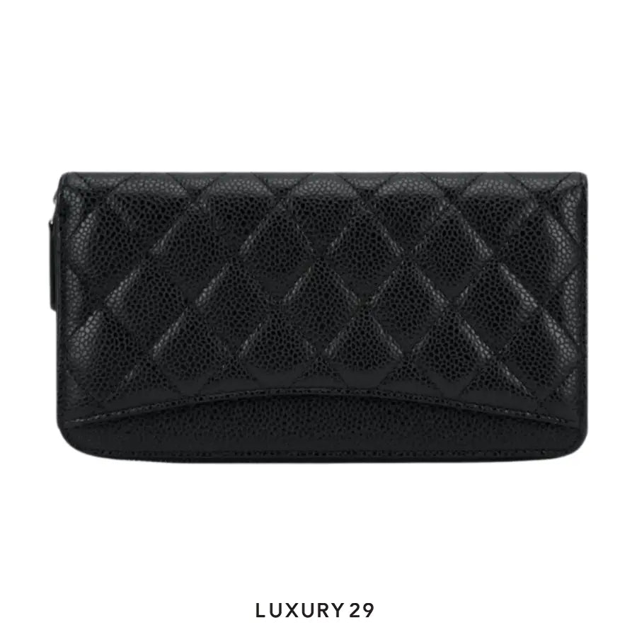 Chanel Zip-Around Long Wallet in black caviar leather with quilted design and Silver-tone CC logo CHANEL Luxury29