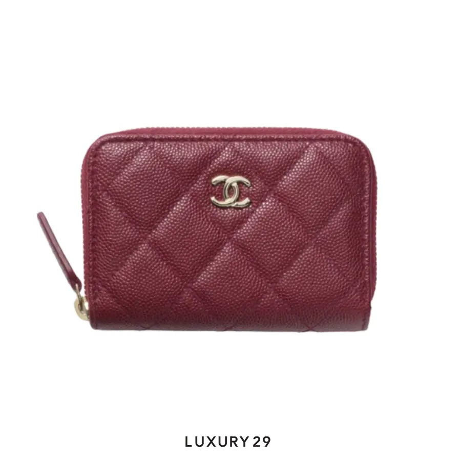 Chanel Zipped Coin Purse in burgundy caviar leather with gold-tone hardware