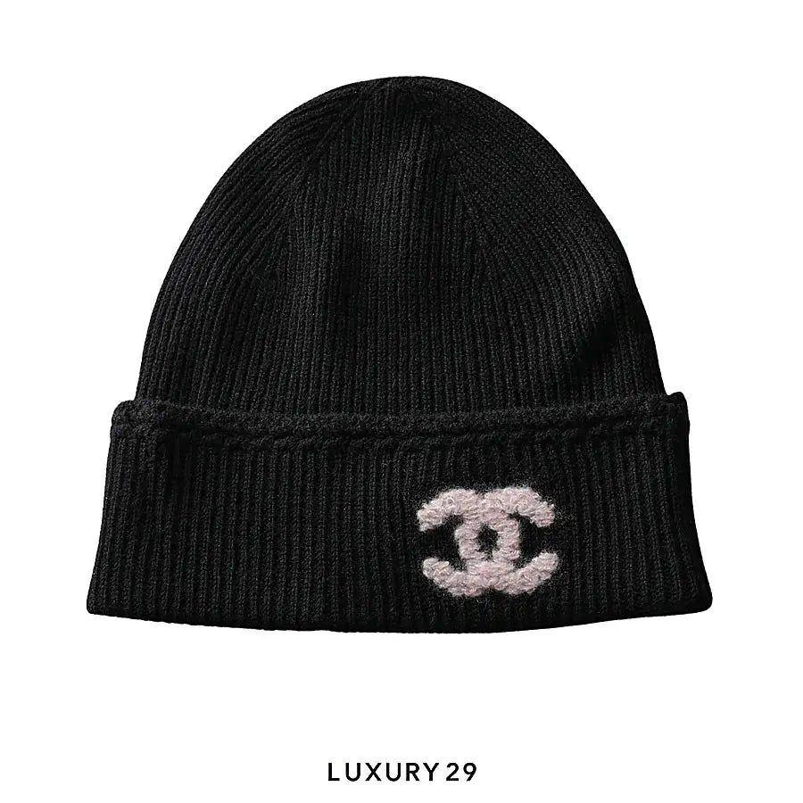 Chanel 2025AW Coco Mark Embroidery Cashmere Silk Beanie Black