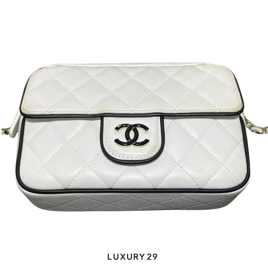 Chanel 25P camera bag with gold-tone hardware and a black trim CHANEL Luxury29