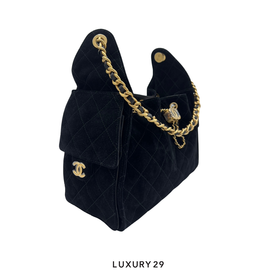 Chanel 25 Small Hand Bag Calfskin suede and gold-tone metal Black CHANEL