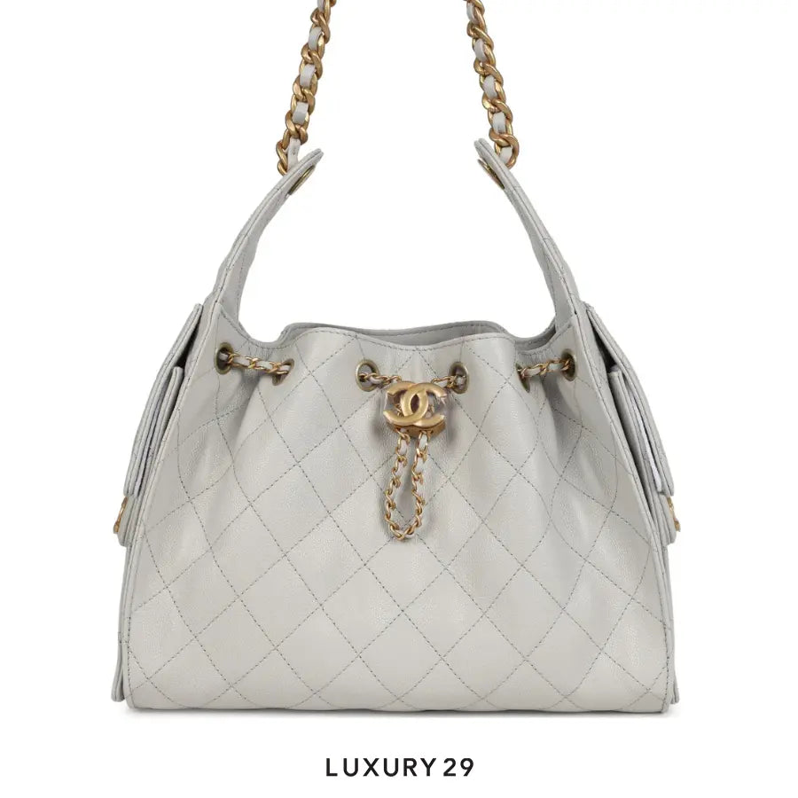 Chanel 25 Small Handbag Caviar Gold Hardware Light Grey