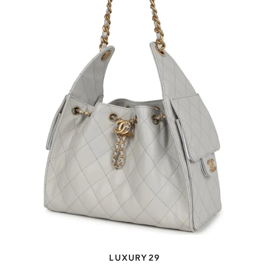 Chanel 25 Small Handbag Caviar Gold Hardware Light Grey