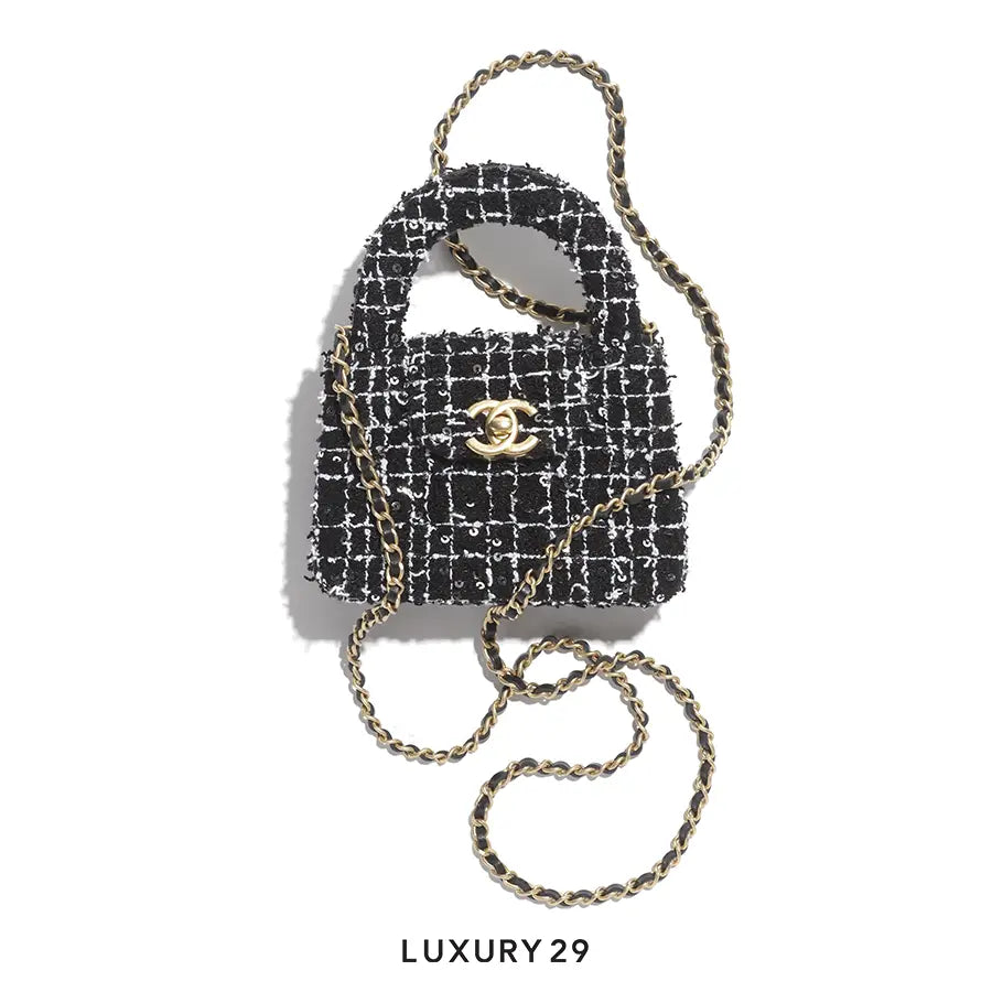 Chanel Clutch with Chain Sequin Embroidered Tweed & Gold-Tone Metal Black, White & Silver CHANEL