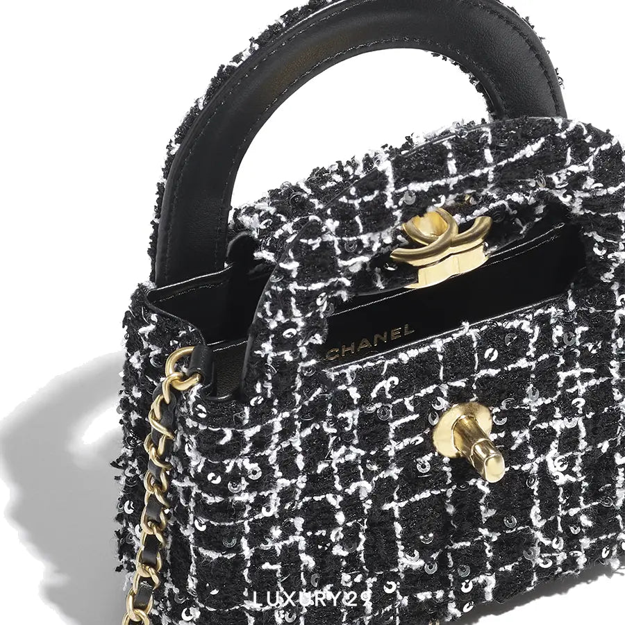 Chanel Clutch with Chain Sequin Embroidered Tweed & Gold-Tone Metal Black, White & Silver CHANEL