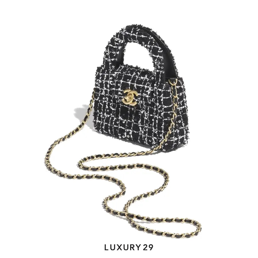 Chanel Clutch with Chain Sequin Embroidered Tweed & Gold-Tone Metal Black, White & Silver CHANEL