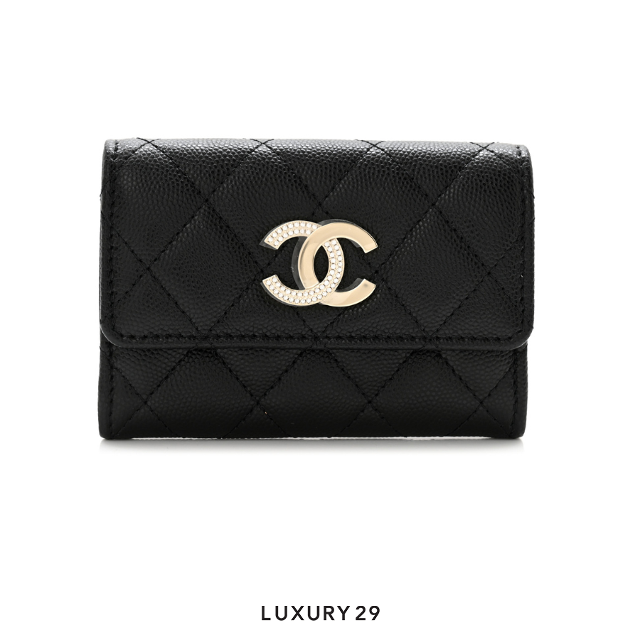 Chanel Caviar Quilted Crystal CC Flap Card Holder Black CHANEL