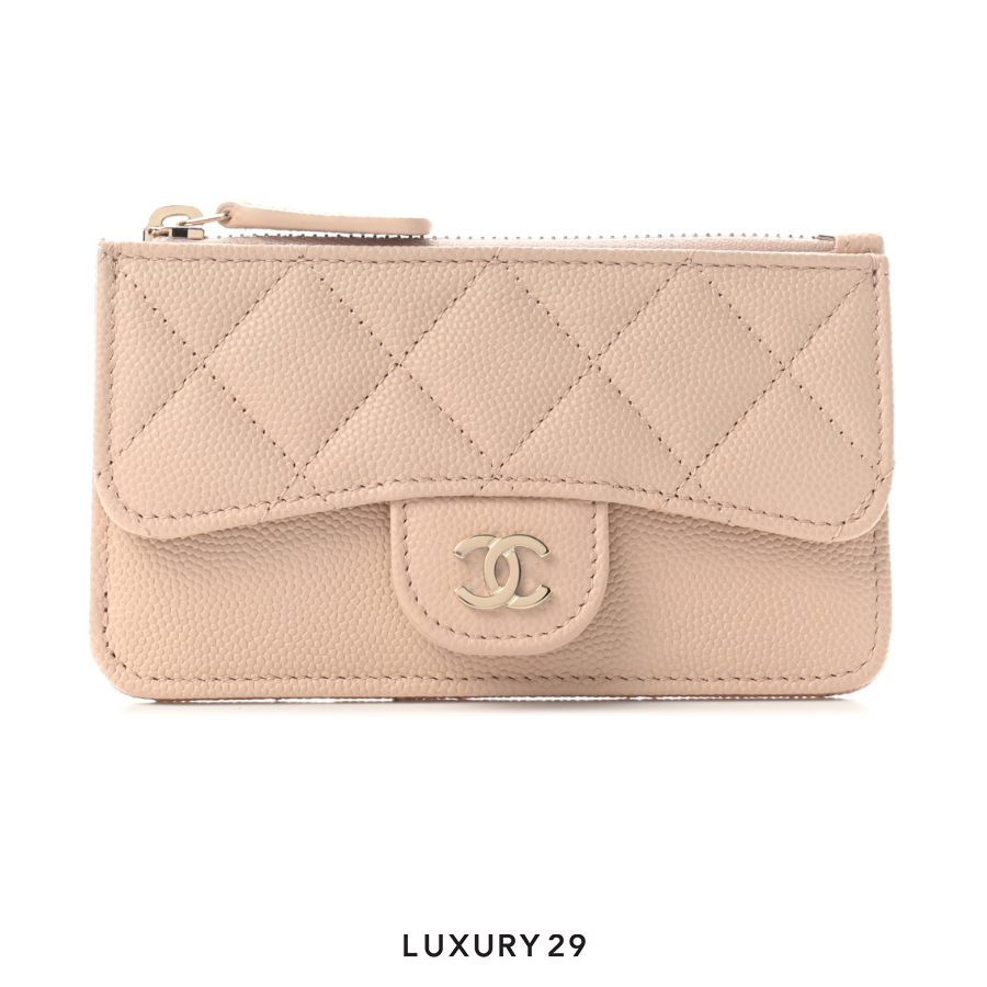 Chanel Caviar Quilted Flap Zip Card Holder Beige CHANEL