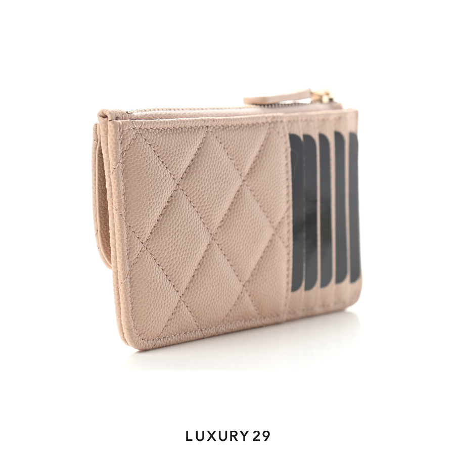 Chanel Caviar Quilted Flap Zip Card Holder Beige CHANEL