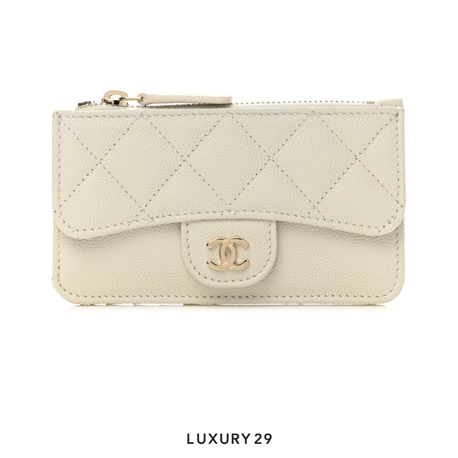 Chanel Caviar Quilted Flap Zip Card Holder White CHANEL