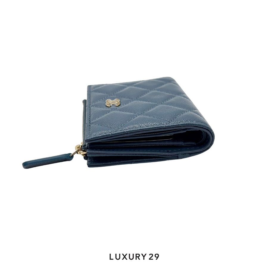 Chanel Classic Caviar Zipped Flap Wallet Gold Plated Navy CHANEL