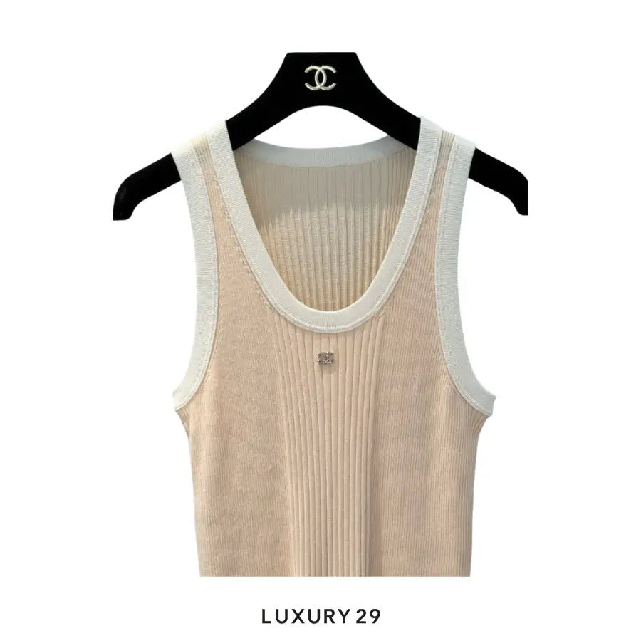 Chanel Coco Beach tank top in a light peach or beige color with Gold and Crytal CC logo CHANEL Luxury29