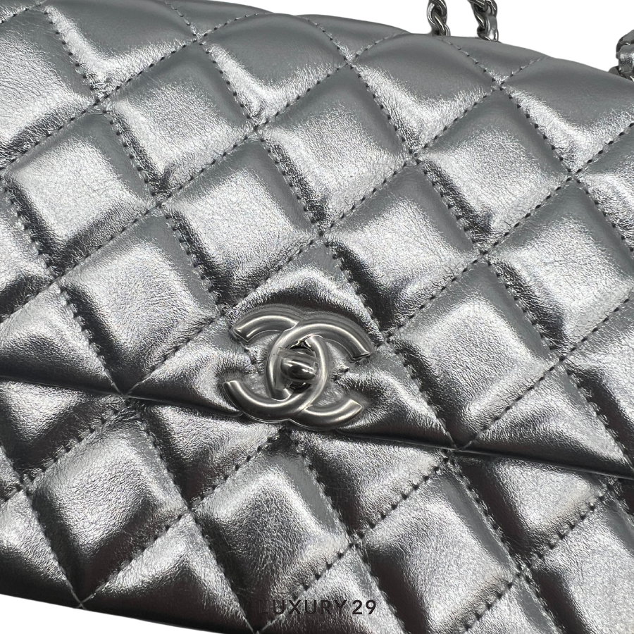 Chanel Coco Handle Silver Crumpled Calf Leather CHANEL