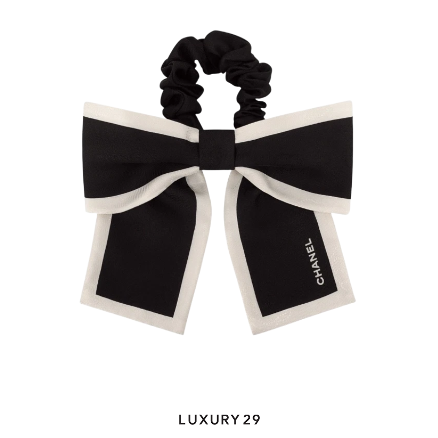 Chanel Hair Accessory Scrunchy In Silk Twill Black-Ecru CHANEL