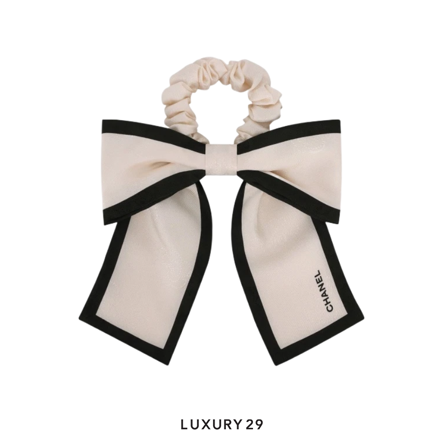 Chanel Hair Accessory Scrunchy In Silk Twill Ecru-Black CHANEL