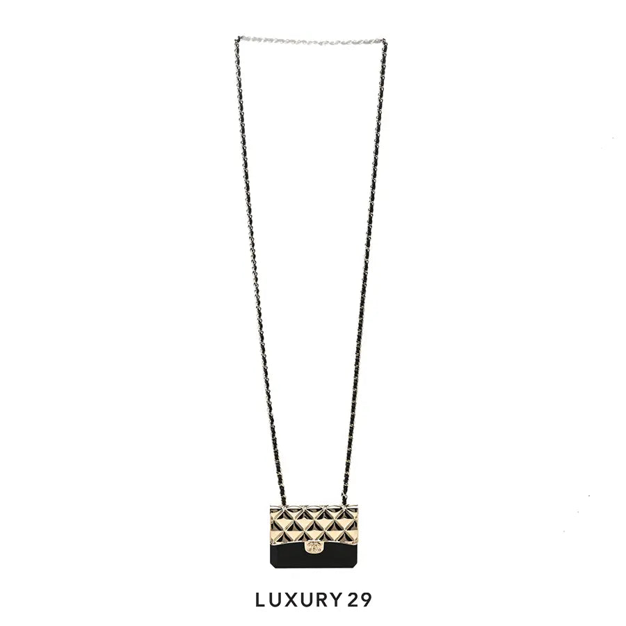 Chanel Metal Resin Lambskin Flap Bag Long Necklace Gold Black CHANEL