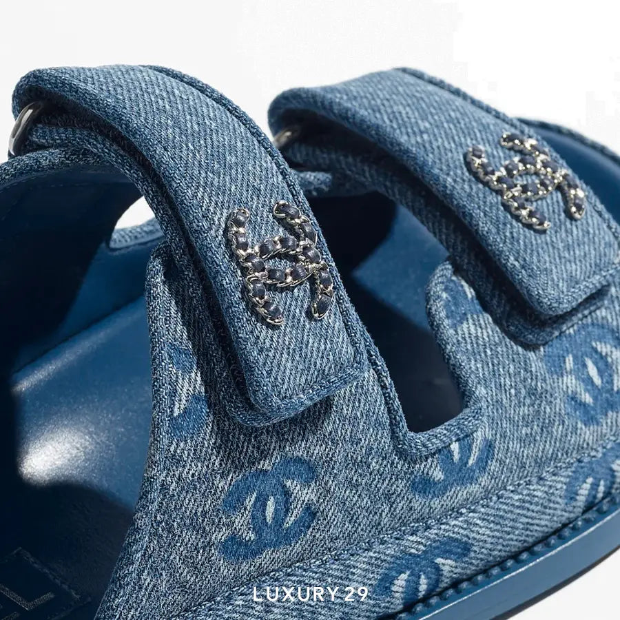 Chanel Open-Toe Shoes Mules Denim Fabric Light Blue CHANEL