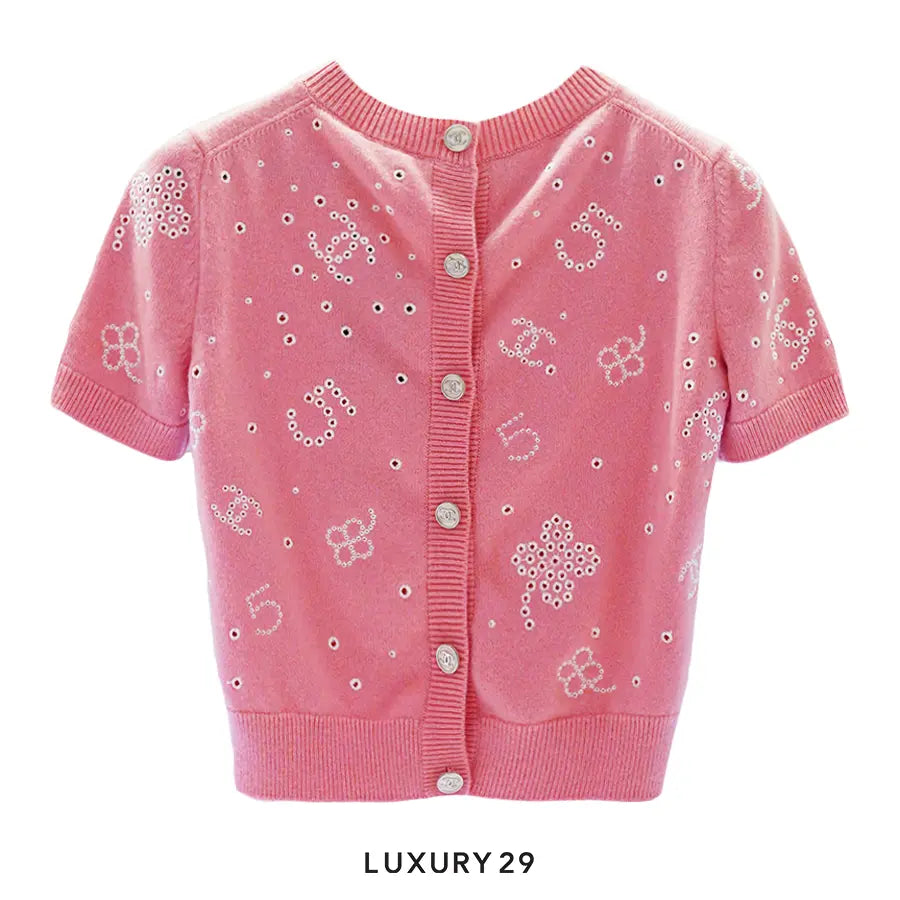 Chanel PINK KNIT T SHIRT WITH BUTTONS + CC logo all over with flowers