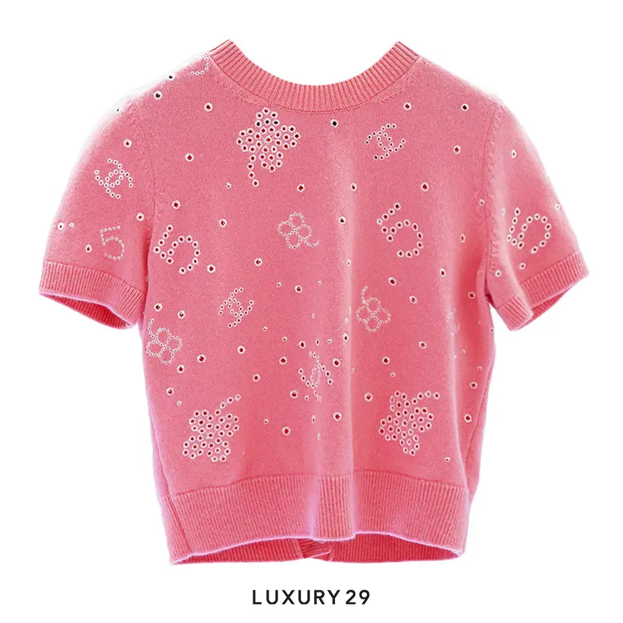 Chanel PINK KNIT T SHIRT WITH BUTTONS + CC logo all over with flowers CHANEL