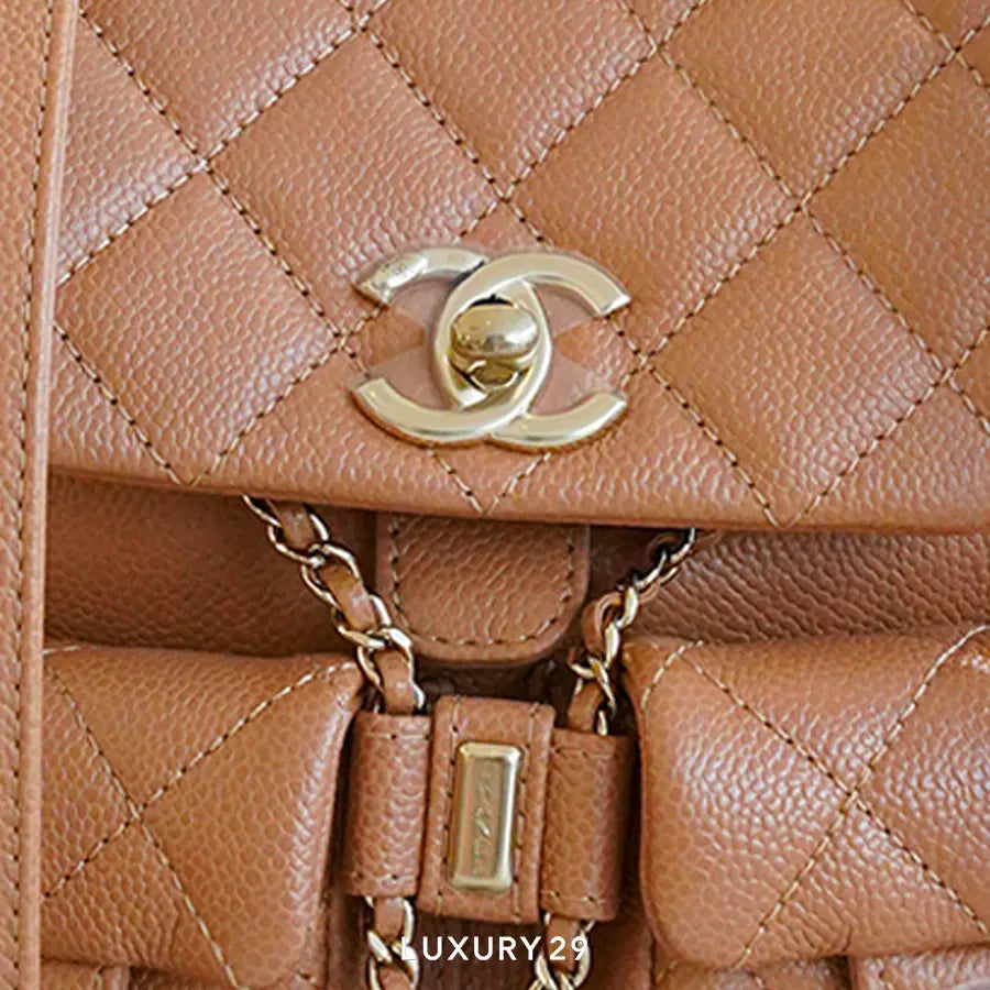 Chanel Small Backpack Grained Shiny Calfskin & Gold-Tone Metal Tan CHANEL