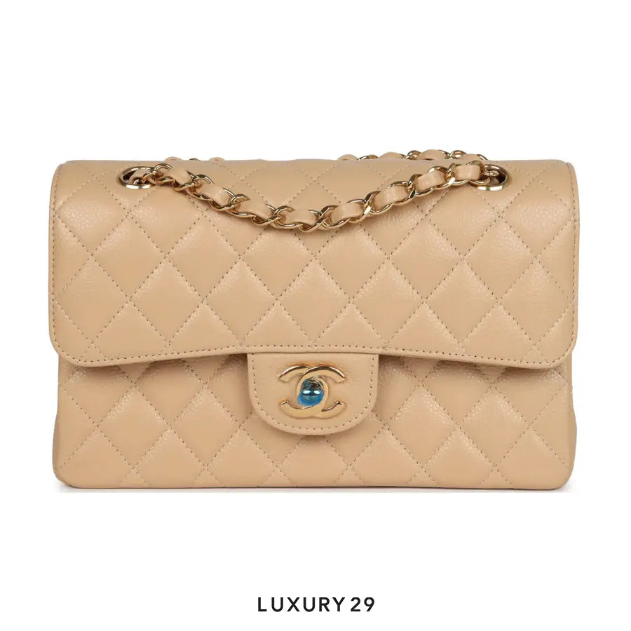 Chanel Small Classic Double Flap Bag Beige Caviar Gold Hardware CHANEL