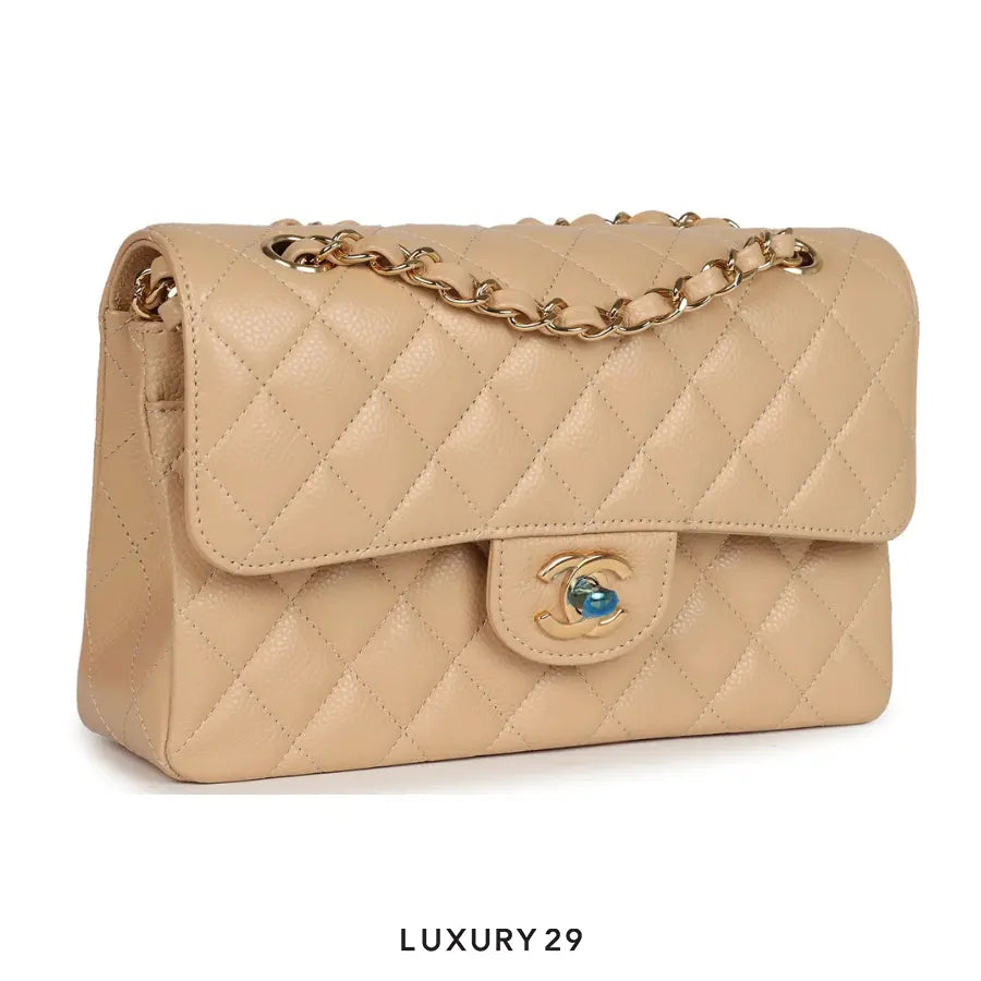 Chanel Small Classic Double Flap Bag Beige Caviar Gold Hardware CHANEL