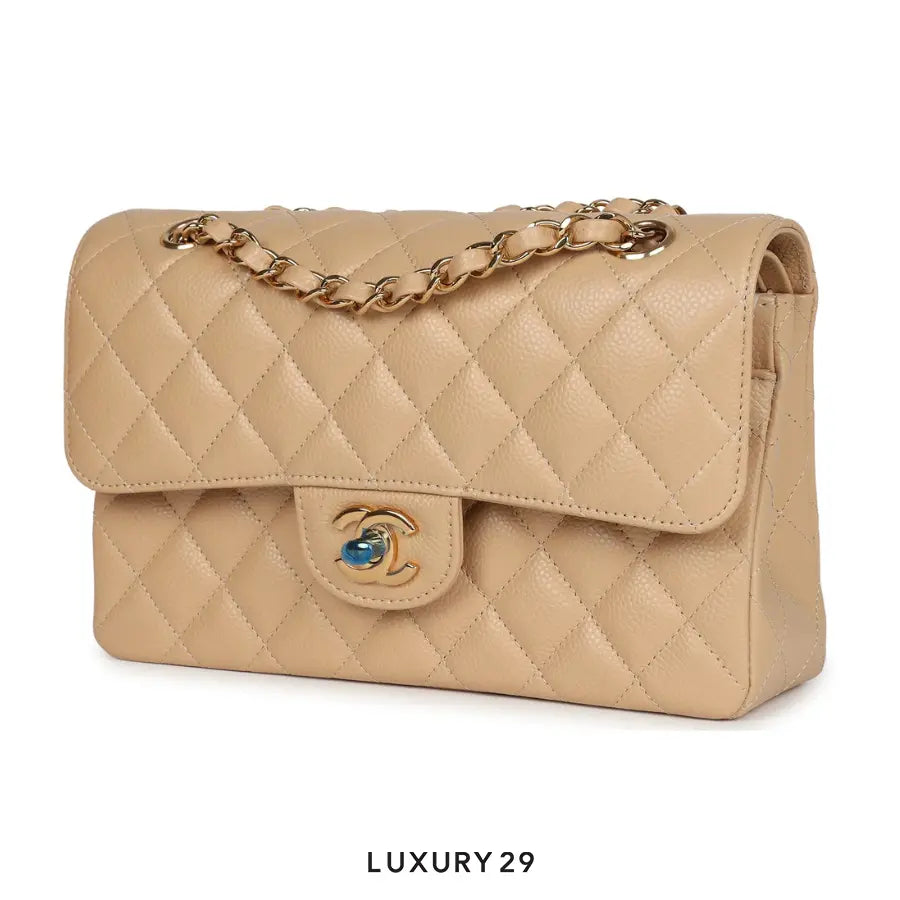 Chanel Small Classic Double Flap Bag Beige Caviar Gold Hardware CHANEL
