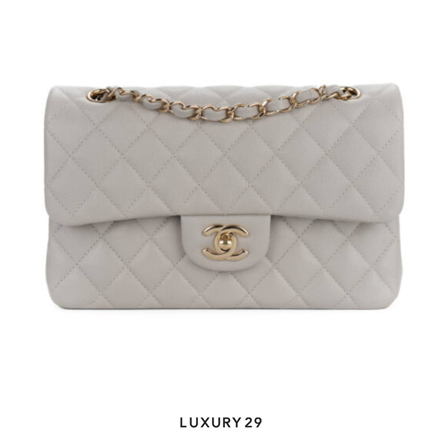 Chanel Small Classic Flap Bag Light Grey Calfskin Light Gold Hardware CHANEL