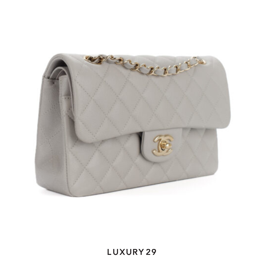 Chanel Small Classic Flap Bag Light Grey Calfskin Light Gold Hardware CHANEL