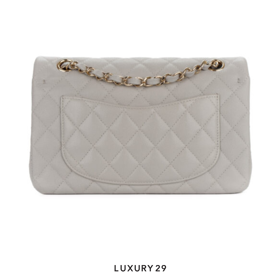 Chanel Small Classic Flap Bag Light Grey Calfskin Light Gold Hardware CHANEL