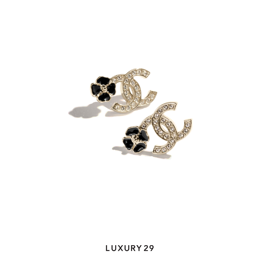 Chanel Stud Earrings Gold Black Cystal CHANEL