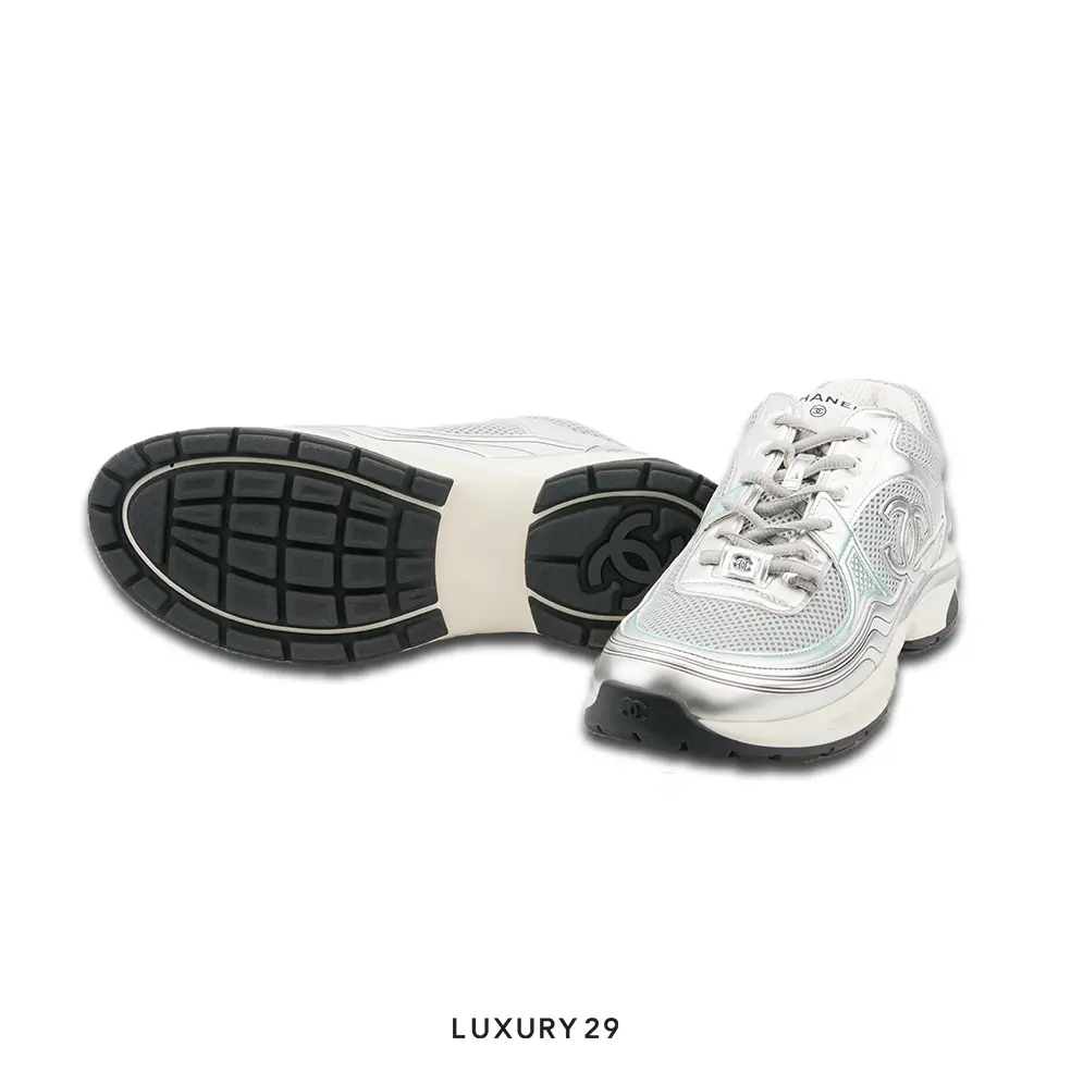 Chanel Trainers Fabric & Laminated Light Gray & Silvered CHANEL