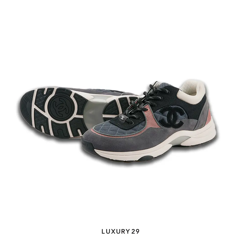 Chanel Trainers Fabric & Suede Calfskin Grey Pink CHANEL