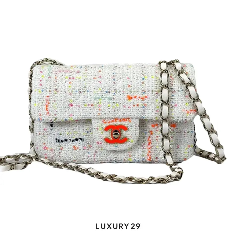 Chanel Tweed Quilted Mini Rectangular Flap Ecru with Orange Enamel CC