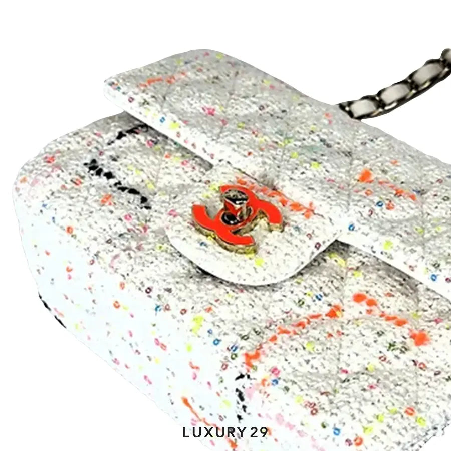 Chanel Tweed Quilted Mini Rectangular Flap Ecru with Orange Enamel CC CHANEL