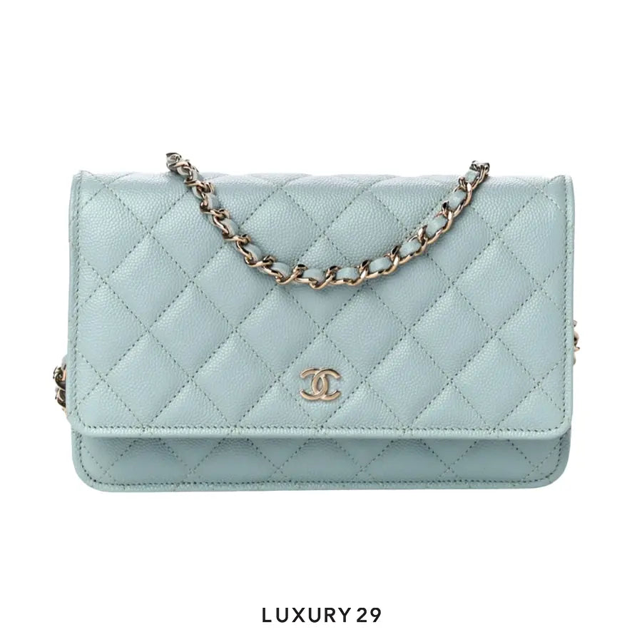 Chanel Wallet On Chain WOC In Grained Calfskin With Light Gold-Tone Metal Light Blue CHANEL