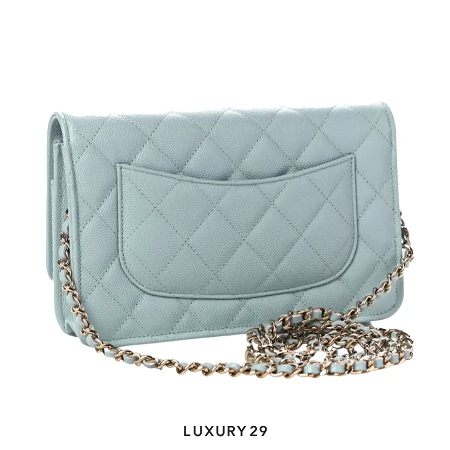Chanel Wallet On Chain WOC In Grained Calfskin With Light Gold-Tone Metal Light Blue CHANEL