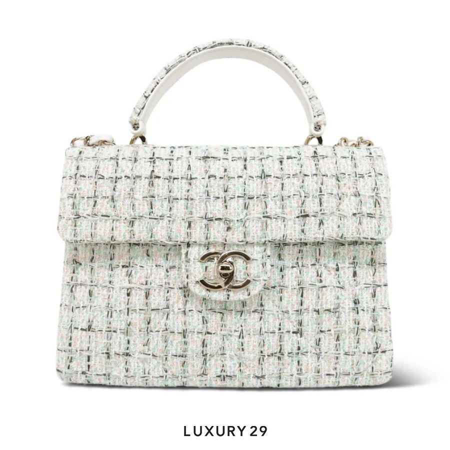 Chanel White/Multicolor Sequin Tweed Quilted Top Handle Flap Bag On Chain CHANEL