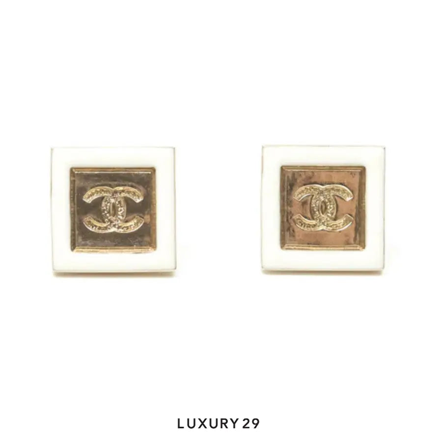 Chanel square Coco Mark metal enamel earrings with a white and gold-tone finish