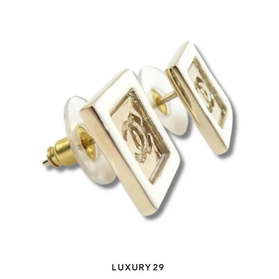 Chanel square Coco Mark metal enamel earrings with a white and gold-tone finish