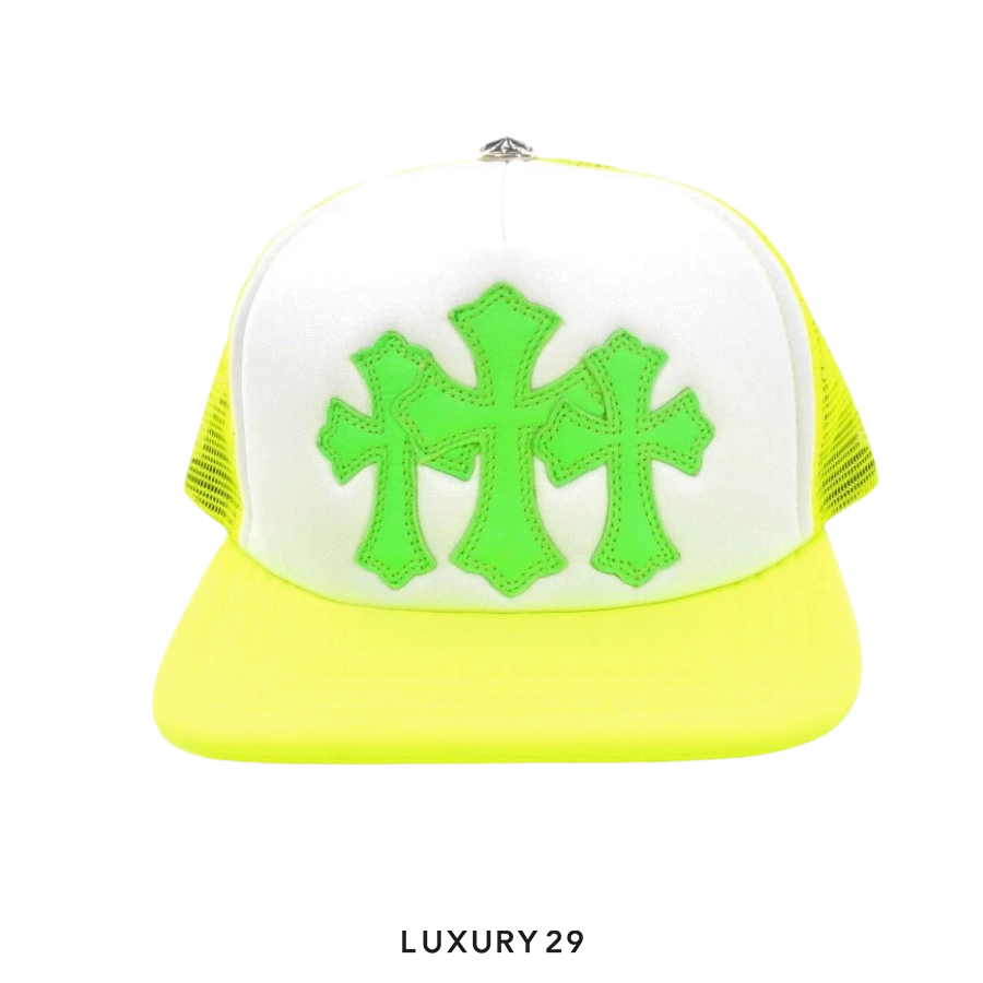 Chrome Hearts Cemetery Cross Patch Trucker Hat White/Neon Green CHROME HEARTS