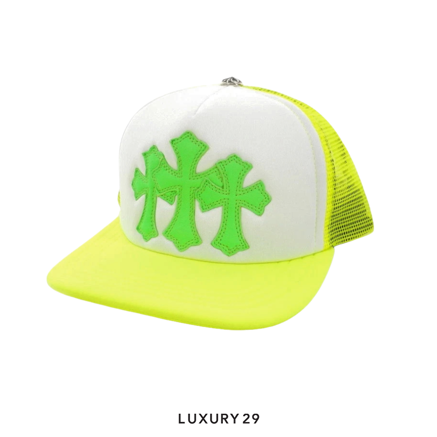 Chrome Hearts Cemetery Cross Patch Trucker Hat White/Neon Green CHROME HEARTS