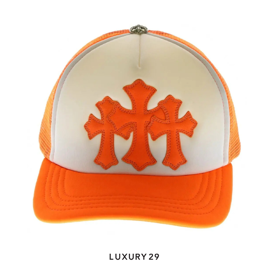 Chrome Hearts Cemetery Cross Patch Trucker Hat White/Neon Orange CHROME HEARTS