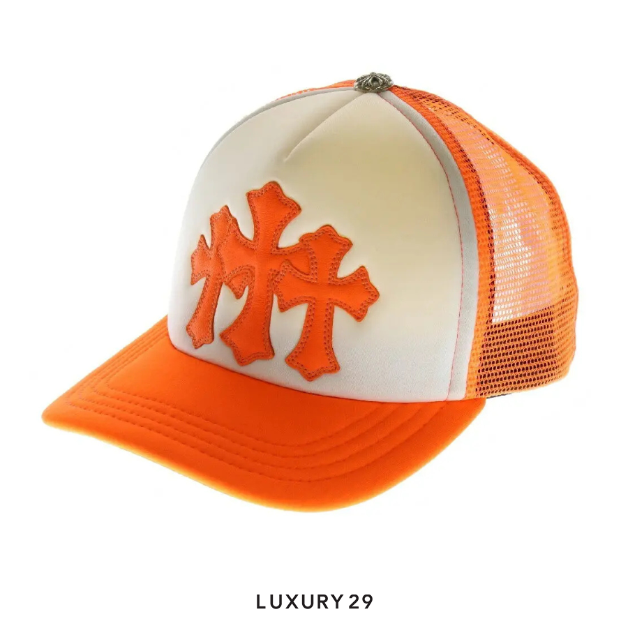 Chrome Hearts Cemetery Cross Patch Trucker Hat White/Neon Orange CHROME HEARTS