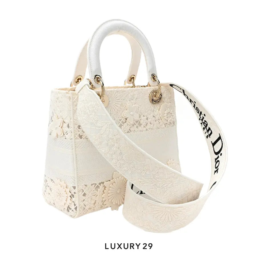 DIOR Lady D-Lite Bag White Toile de Jouy Soleil Macrame Embroidery DIOR